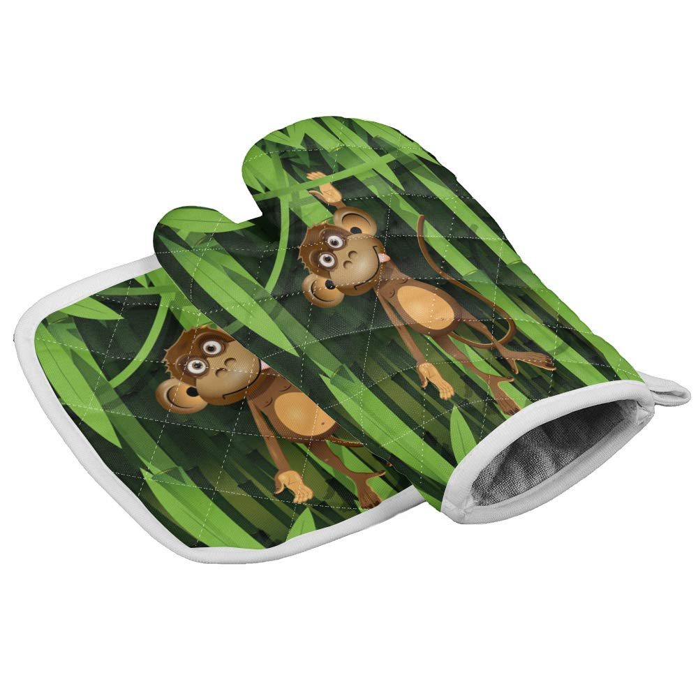 Oven Mitts and Potholder, Cartoon Monkey Green Bamboo Forest Heat Resistant Oven Mitts Gloves and Hot Pads Set for Kitchen Cooking Baking Grilling
