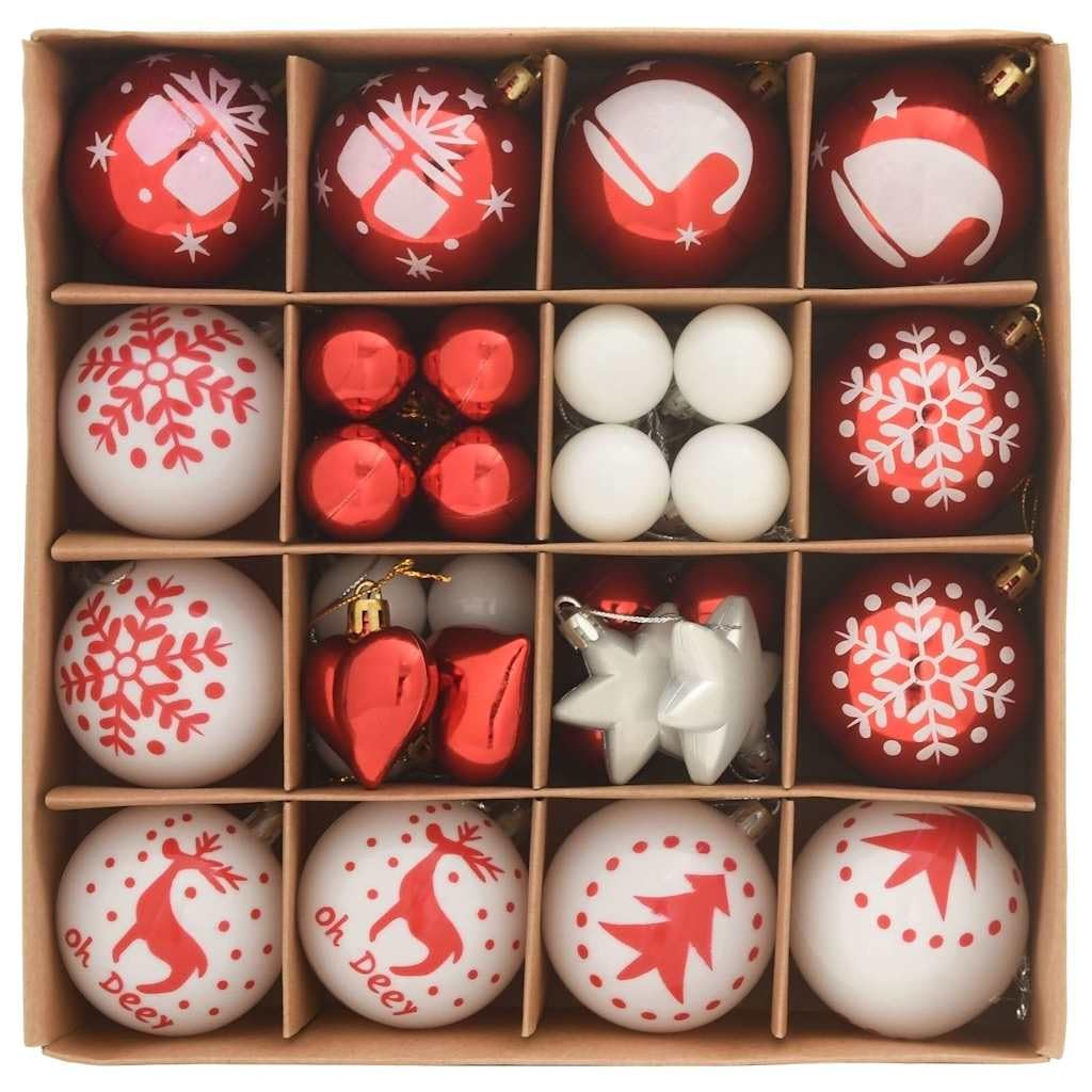 Weihnachtskugel-Set 40 pcs Rot und Weiß Kunststoff glänzend Ø 6 cm mit Herz und Stern Anhänger für Weihnachtsbaum Baumschmuck traditionelle Weihnachtsdeko Tannenbaum schmücken