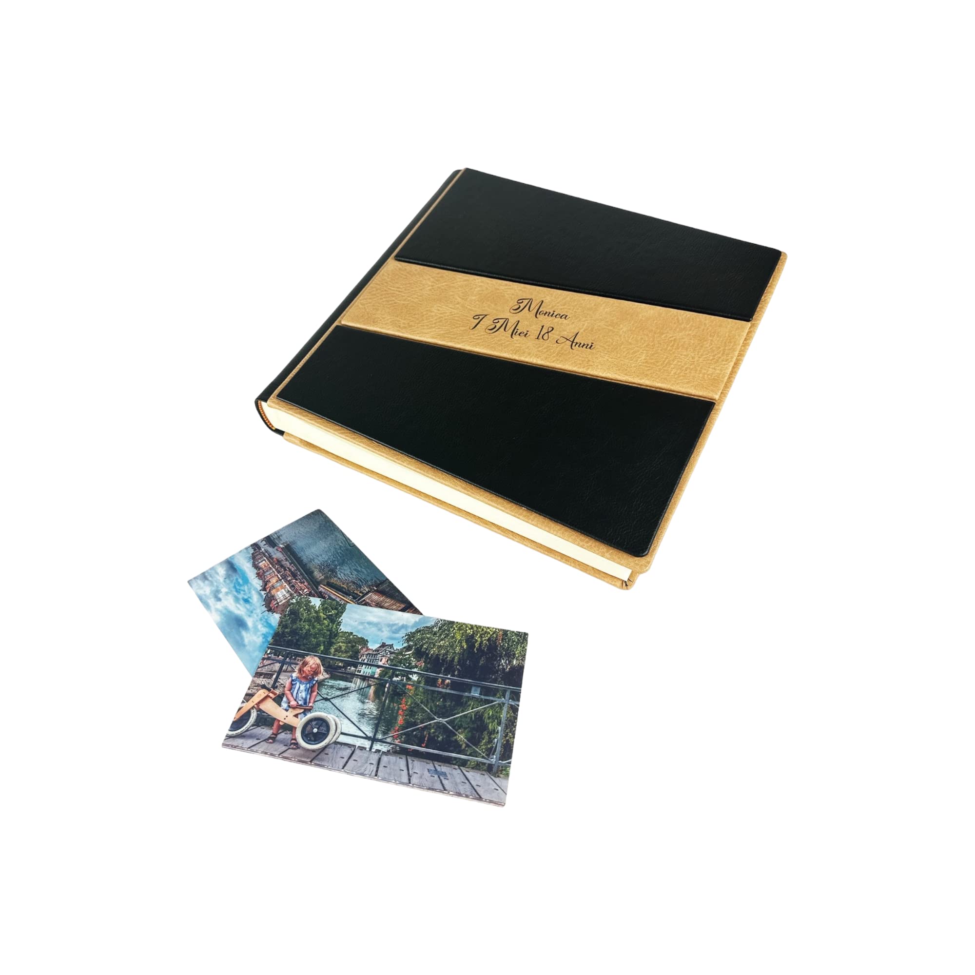 TriVin Art -Saturno- Álbum de fotos artesanal de piel sintética, varios tamaños y personalizable con grabado, ideal para cualquier evento. (negro)