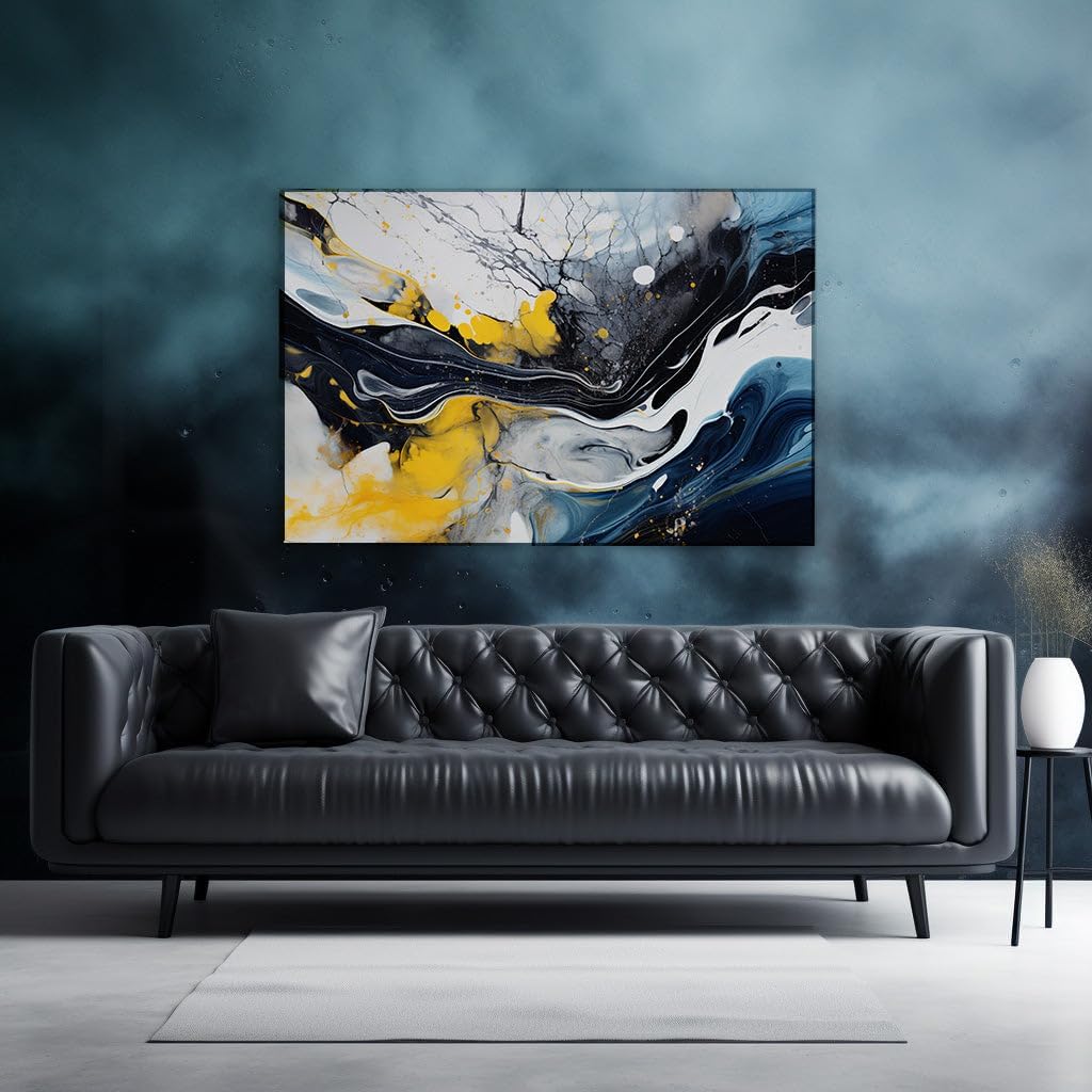 Canvas for Living room. Fluid Motion Captured on Canvas: A Dance of Black, White, Yellow, and Blue, 27 x 18 inch Canvas Wall Art - Abstract By Atmosphere - Modern Home Decor - 69x46 cm (27x18 inch)