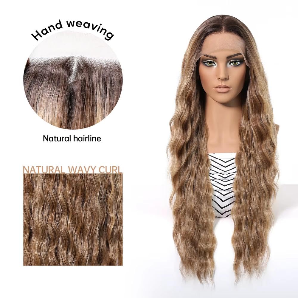 Haarpflege 13x6 HD Lace Front Perücke 76,2 Cm Lang Gewellt Ombre Blond Perücken Ohne Kleber Vorgezupft Hitzebeständig(Warm Brown Balayage)
