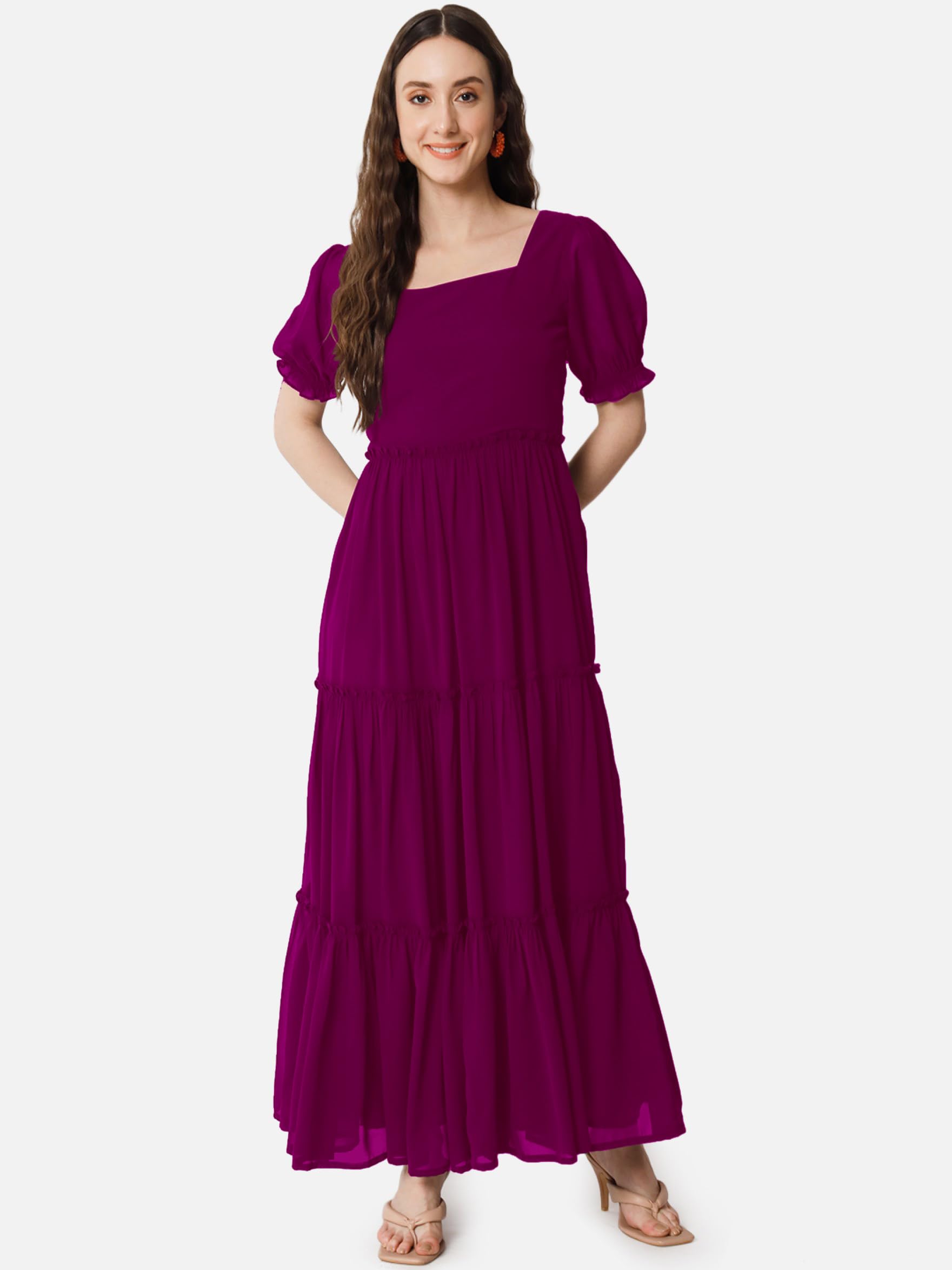 Femvy Vestido sólido Georgette de diseñador para mujer 761