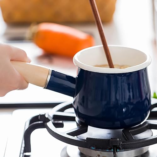 Miniatura 3 de FYUEROPA 4-Inch Enamel Milk Pot Non-stick Mini Saucepan Butter Warmer with Wooden Handle Small Cookware 17Oz (Blue)