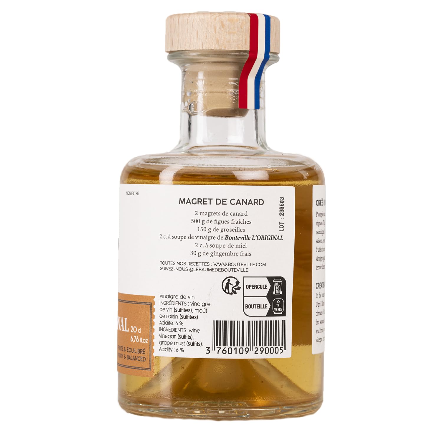 Bouteville Vinaigre Gastronomique L'Original 200ml - Affiné en Fûts de Cognac, Élaboration Artisanale en Charente, Cépage Ugni Blanc avec Notes Fruitées et Équilibrées