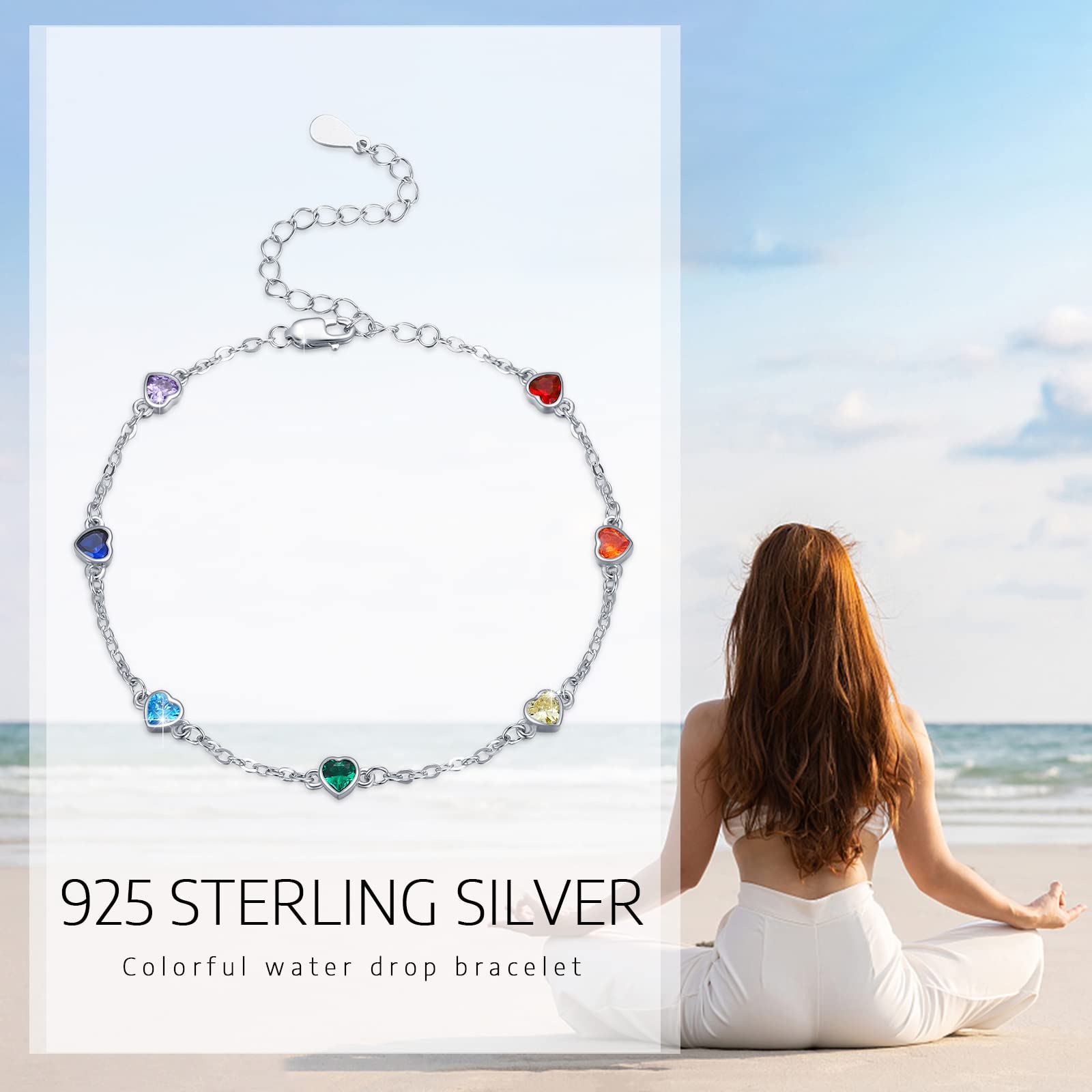 Tobillera de chakra de plata de ley con forma de corazón, forma de gota, 7 chakras, gotas de rocío, verano, playa, tobilleras, pulsera para Navidad, regalos para novias, mujeres ásperas, novias, 22.9