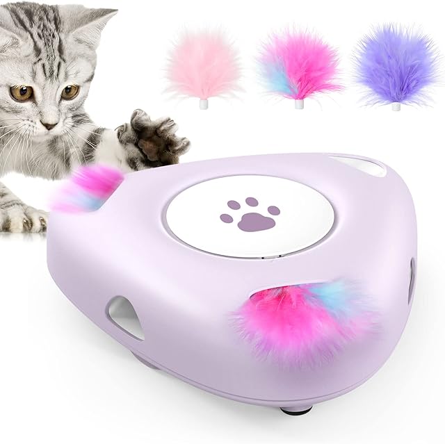 Pawaboo Interactive Cat Toys, Automatic Cat Exercise Teaser Toy with 3 Replacement Rotating Feathers, Automatic Electronic Rotating Teaser Kitten Toy for Indoor Cats, Kitty, Pet - Taro Purple