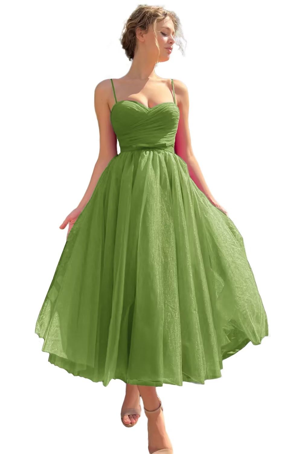 Sevintage Spaghetti Straps Tulle Prom Dress Tea Length Formal Party Evening Dress with Pockets