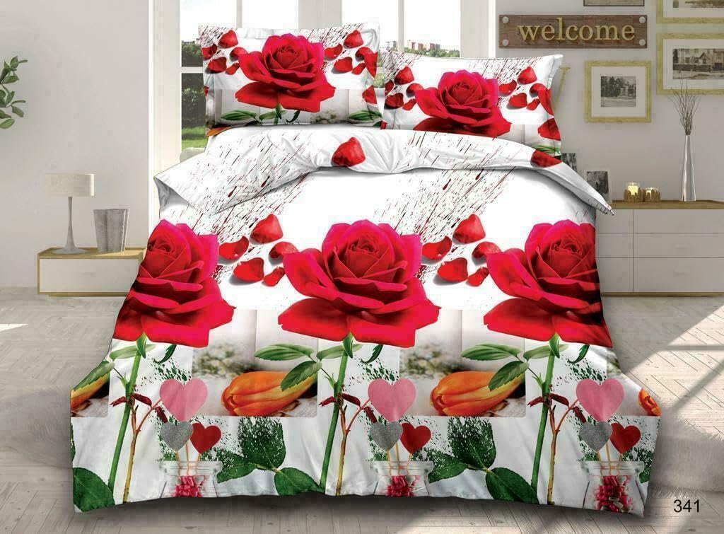 3d Design 4 Piece Complete Bedding Set Digital Floral, Animal Printed Duvet Cover with Fitted Sheet Pillowcases (White Red Rose 341, Super king)