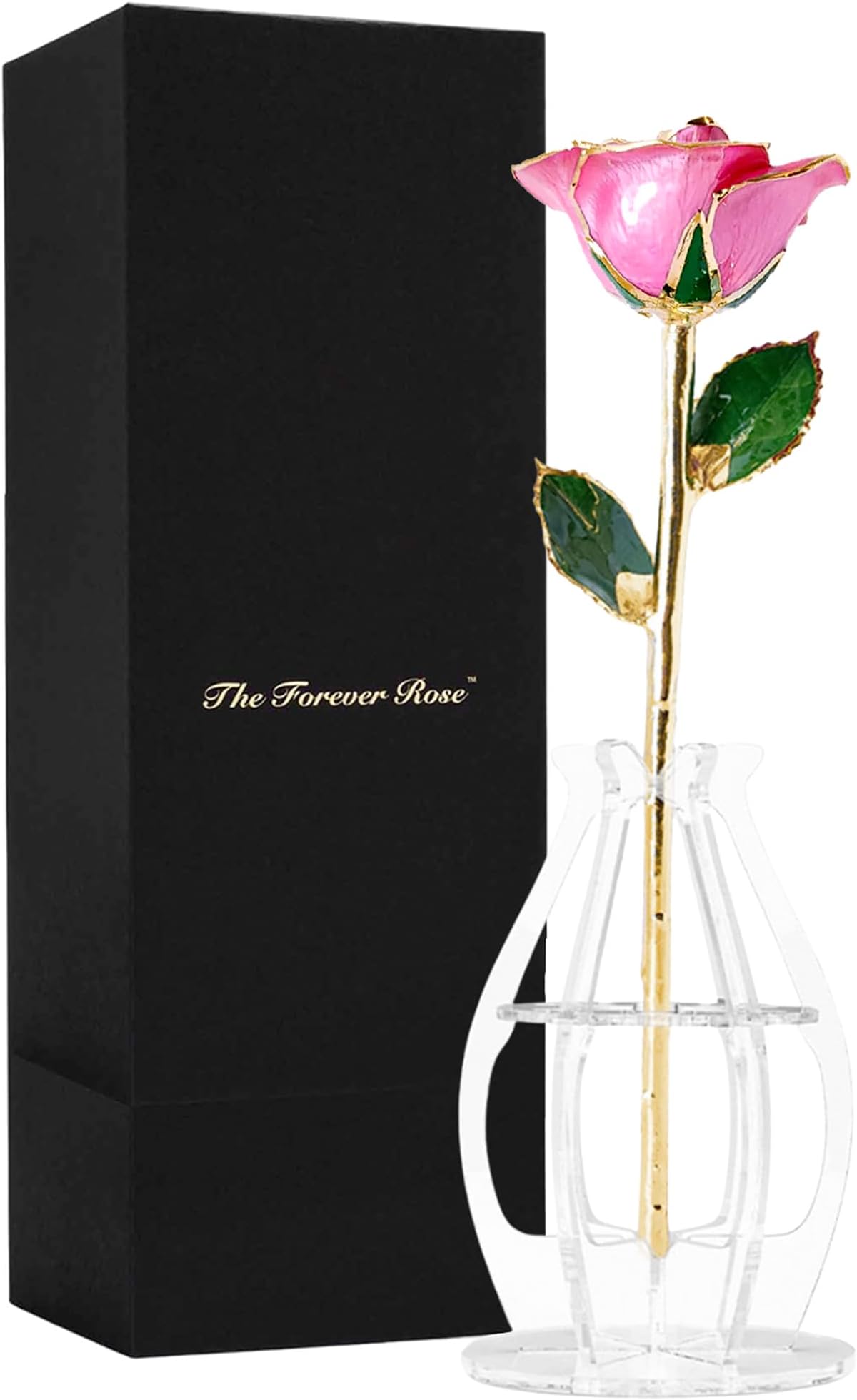 Forever Rose Gold Trimmed Pink Open Bloom Real Rose Dipped in 24K Gold, Ready to Gift, Presented in Phantom Vase and Bloom Box, Unique & Everlasting Gift for Any Occasion