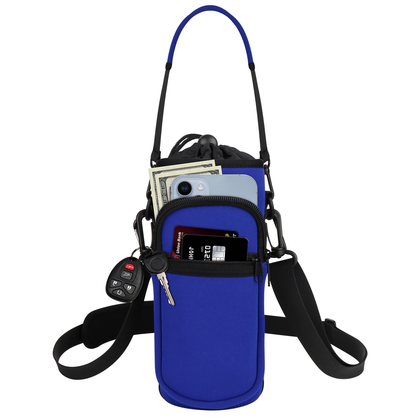 Soporte para botella de agua con correa, bolsa de transporte para botella de agua con bolsillo para teléfono, correa de hombro de neopreno aislada de 32 onzas, funda para botella de agua para