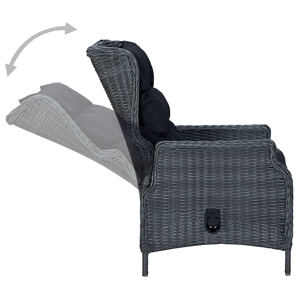 Poltrona da giardino regolabile con cuscini, in polyrattan grigio scuro, adatta per terrazza, giardino o veranda, 57 x 88 x 100 cm