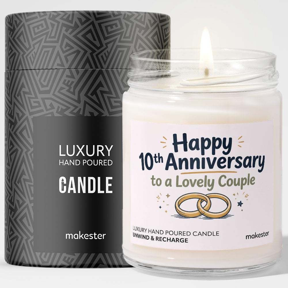 10th Anniversary Candle Gift for A Couple - Luxury Soy Wax Candle - Vanilla, Jasmine, Sugared Almond - Makester โ image 1