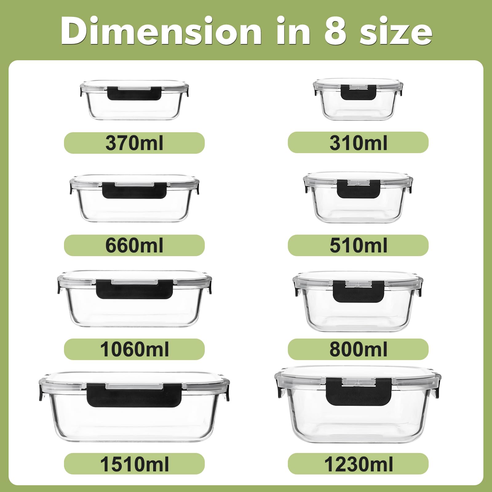 Frischhaltedosen aus Glas mit Deckel, luftdichte Bento-Boxen mit auslaufsicherem Verschluss für Mikrowelle, Backofen, Gefrierschrank und Spülmaschine, BPA-frei, 8 Stück