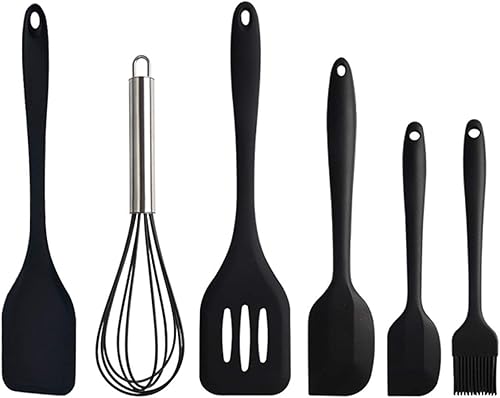 Miniatura 8 de Gullor - Juego de utensilios de cocina de silicona, cuchara de cocina, espátula, batidor, cepillo, raspador, 6 piezas, color negro