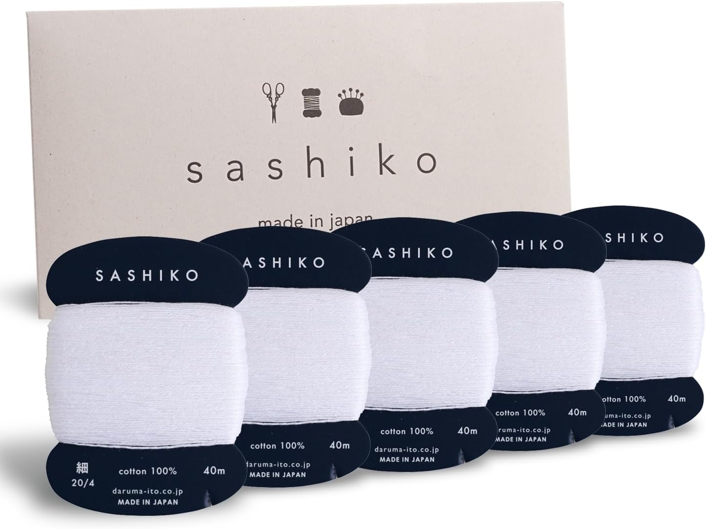 DARUMA Sashiko Thread 100% Cotton Card Type (43.7 yd) x 5pcs with English Manual, Sewing & Embroidery Value Set with Gift Package(White)