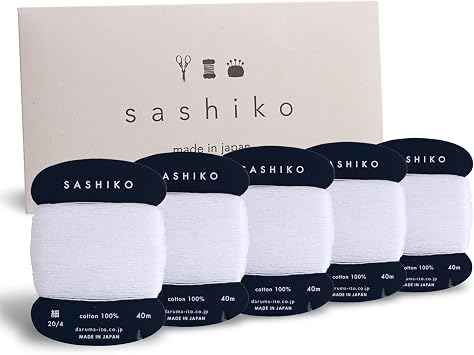 DARUMA Sashiko Thread 100% Cotton Card Type 43.7 yd x 5pcs with English Manual, Sewing & Embroidery Value Set with Gift PackageWhite