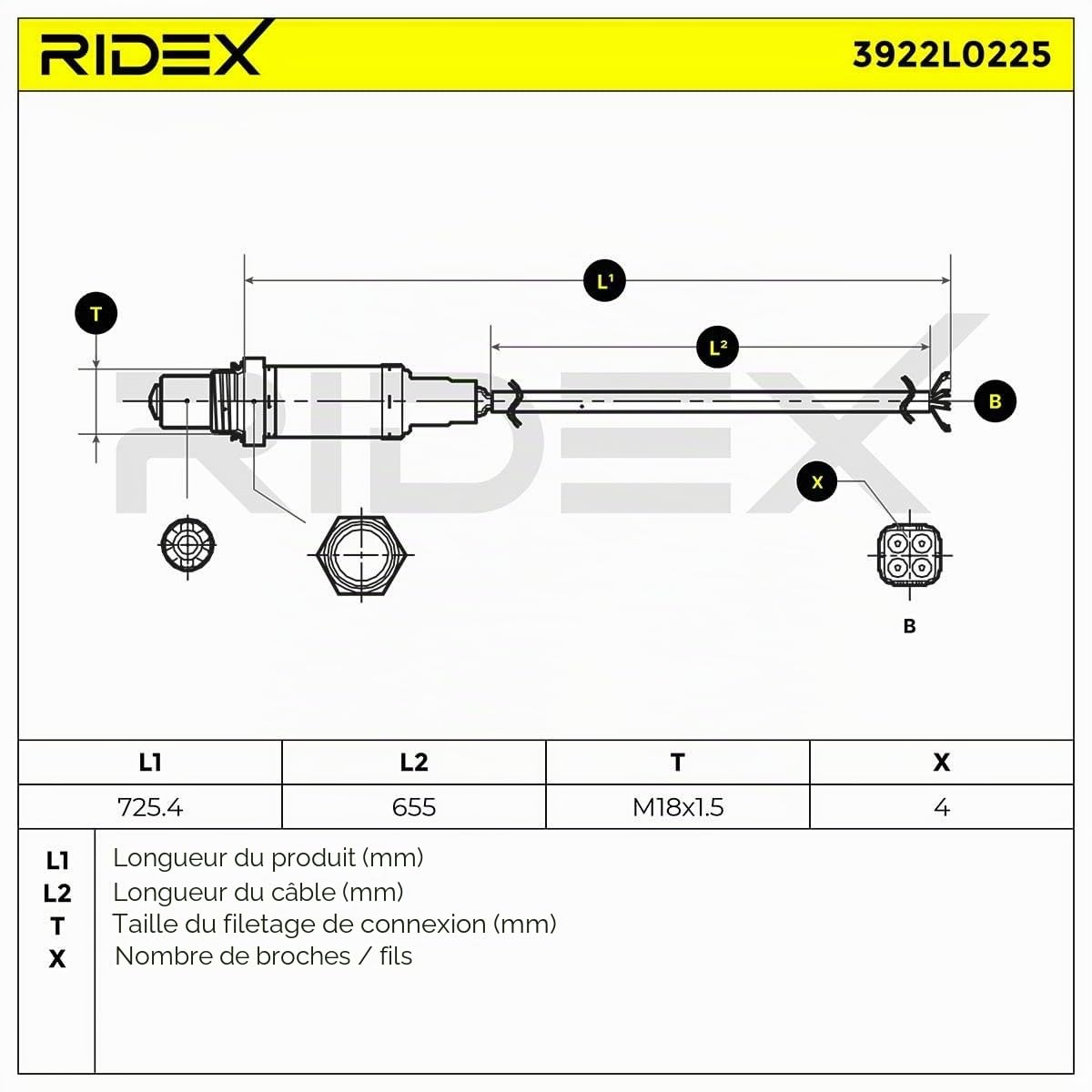 RIDEX 3922L0225 Sonde lambda avec attache-câbles avec matériel de montage/fixation sans fiche Compatible avec VW Golf 4 3/5 portes 1J1