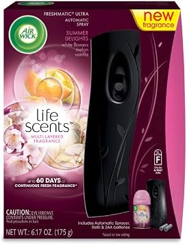 Air Wick Life Scents Automatic Air Freshener Spray Starter Kit, Summer Delights with White Flowers, Melon & Vanilla Scent, 1 Count Pack of 6