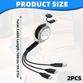 Retractable Charger, 2PCS Retractable Phone Charger with Fast Charging Capability, Retractables Charging Cable for Multiple Devices for iPhone/Huawei/Galaxy/Pixel/Sony/Tablet