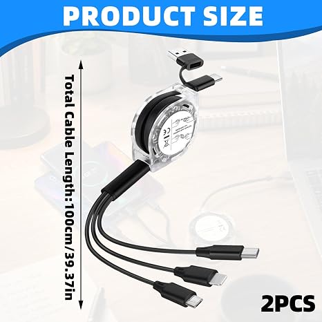 Retractable Charger, 2PCS Retractable Phone Charger with Fast Charging Capability, Retractables Charging Cable for Multiple Devices for iPhone/Huawei/Galaxy/Pixel/Sony/Tablet