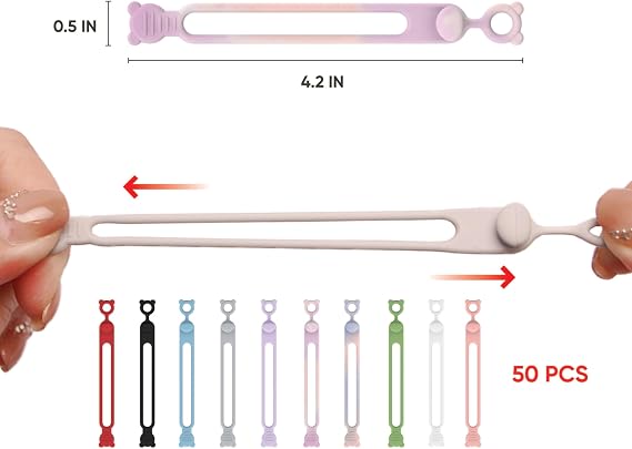 50-Pack Silicone Cable Ties Reusable, Data Cable Organizer, High Elastic, Multipurpose, Cable Management for Charging Cord, Electronics, Computer, Appliances, Travel Essentials