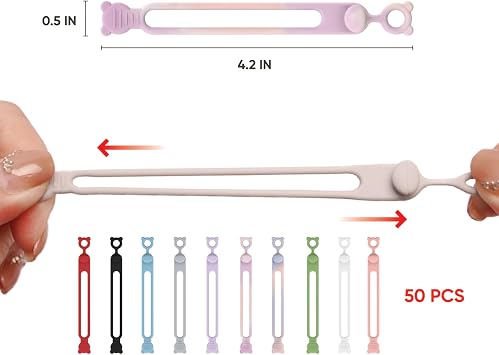 50-Pack Silicone Cable Ties Reusable, Data Cable Organizer, High Elastic, Multipurpose, Cable Management for Charging Cord, Electronics, Computer, Appliances, Travel Essentials