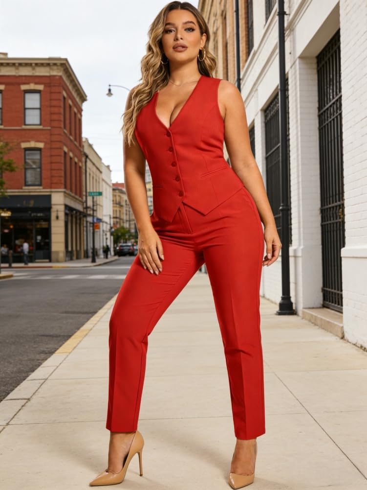Summer Sleeveless V Neck Vest Pants Casual Womens 2 Piece Suit Outfits Sets Wedding Business