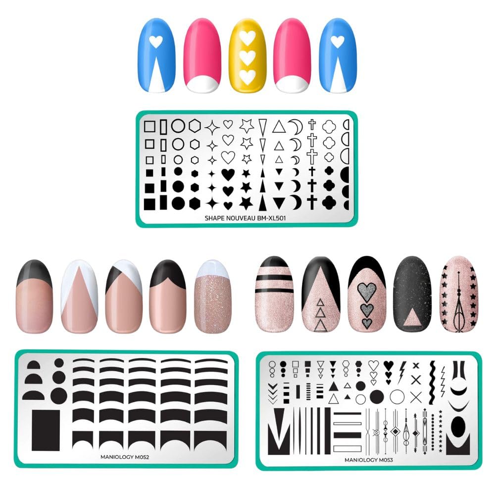 Maniology Stunning Minimalist Series Nail Stamping Plate Set | 3-Piece Simple, Basic Shapes & Patterns, Classic French Tip Manicure Design – Reusable, Rectangular Stainless Steel Nail Art Templates