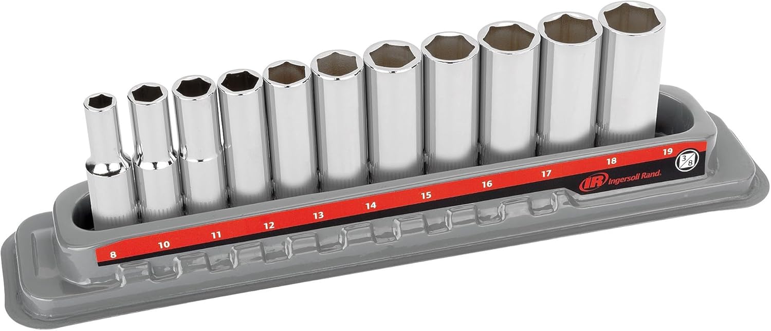 Ingersoll Rand 11-Piece 3/8 in. Drive Metric Deep Socket Set – 6-Point, Sizes 8mm to 19mm, Mirror-Polished Chrome Vanadium Steel with Vertical Knurling and Thermoform Tray – 752049X