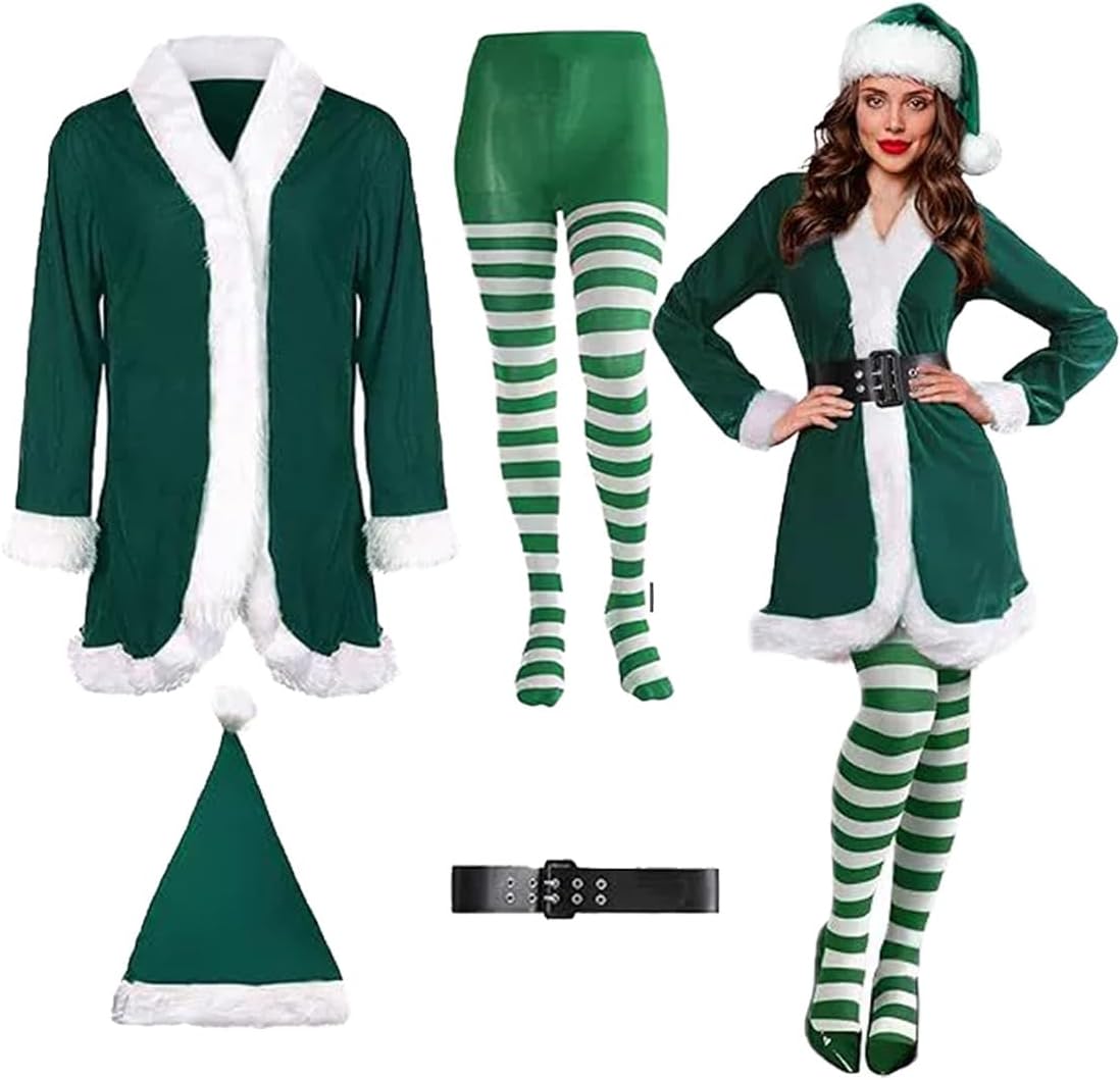 Women Christmas Costume Dress Jacket Tights Xmas Santa Set for Christmas Carnival Birthday