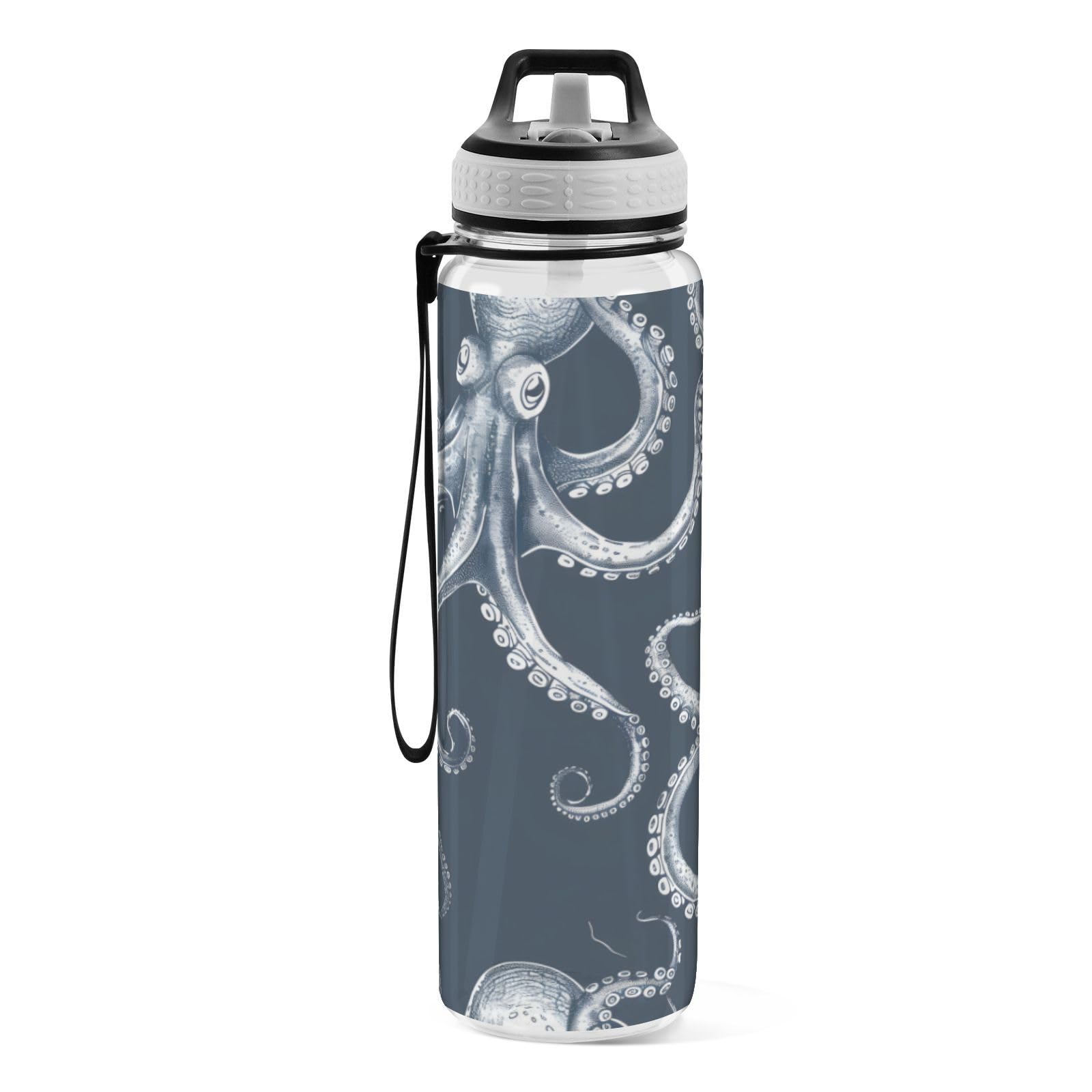 ALAZA Octopusfish Sport-Trinkflasche mit Strohhalm-Deckel, 900 ml, transparent, BPA-frei, Tritan-Kunststoff, auslaufsicher, großer Klappverschluss für Kinder, Jungen, Mädchen
