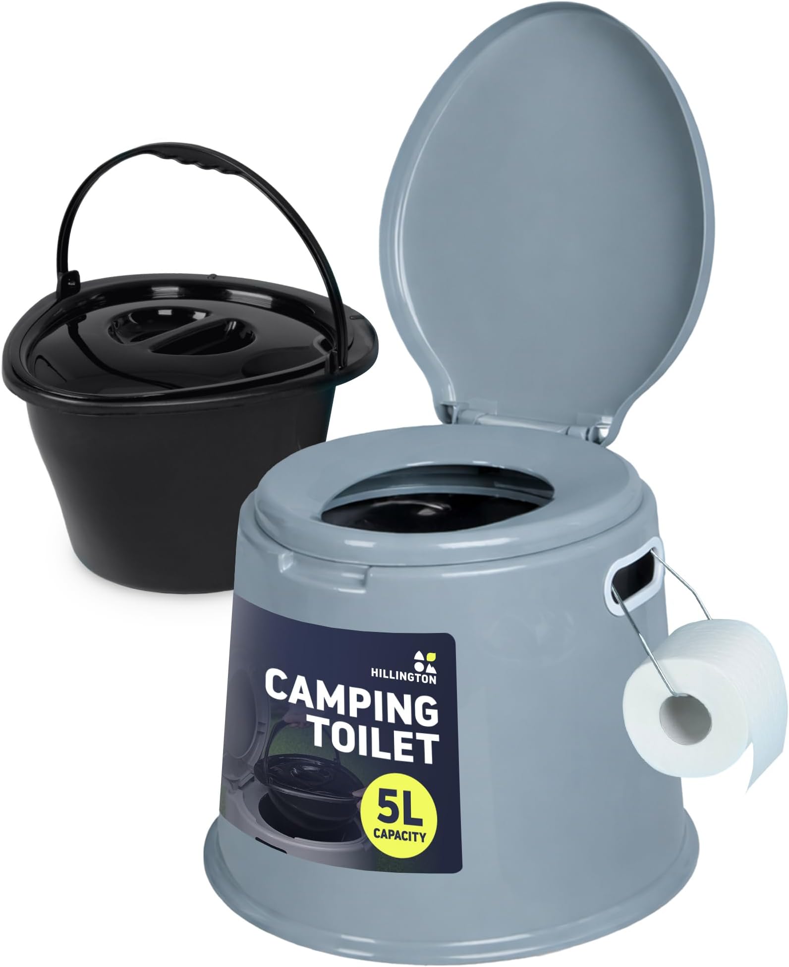 Hillington 5L Camping Toilet with Lid - Compact Portable Toilet for Adults Includes Removable Bucket, Paper Holder and Carry Handles - Lightweight Portable Camping Toilet Travel Toilet for Outdoor