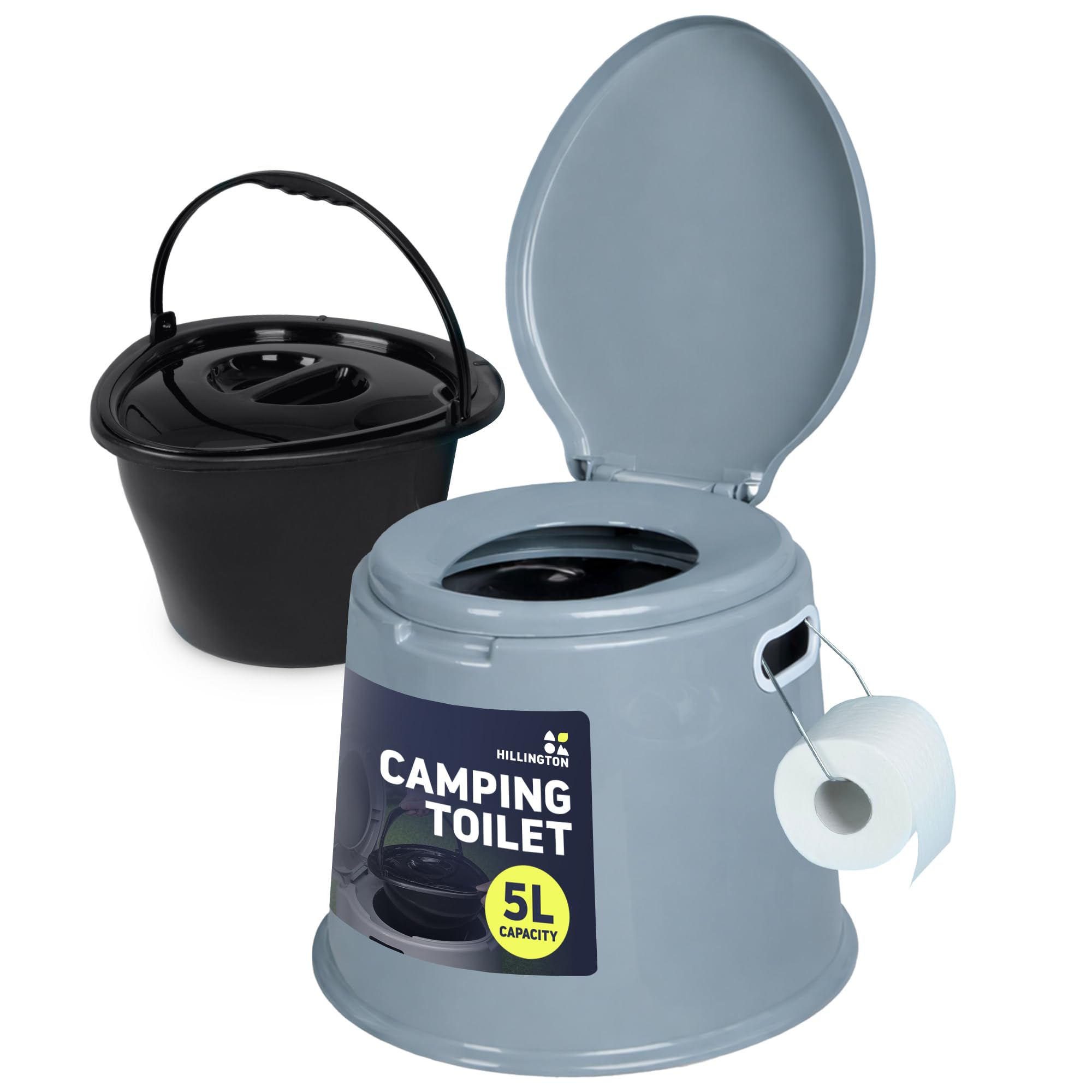 Hillington 5L Camping Toilet with Lid - Compact Portable Toilet for Adults Includes Removable Bucket, Paper Holder and Carry Handles - Lightweight Portable Camping Toilet Travel Toilet for Outdoor