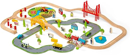 Bigjigs Rail Juego de tren de madera de 80 piezas para carretera rural y ferrocarril, juego de tren para niños con 80 accesorios de tren Bigjigs