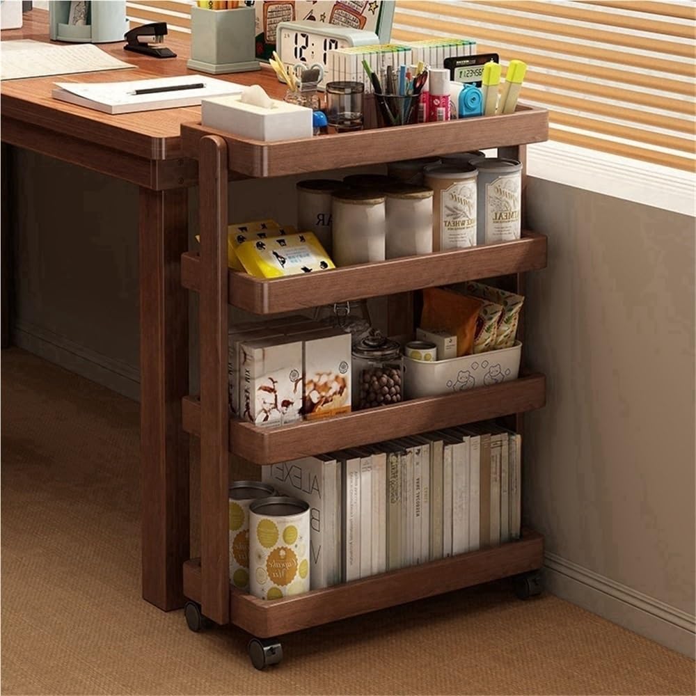 Wood Rolling Cart, Solid Wood Rolling Book Cart with 4-Layer Storage, Multifunctional Trolley with 360° Swivel Wheels, Side Table for Bedrooms, Living Rooms or Offices(Brown,40cm .7in)