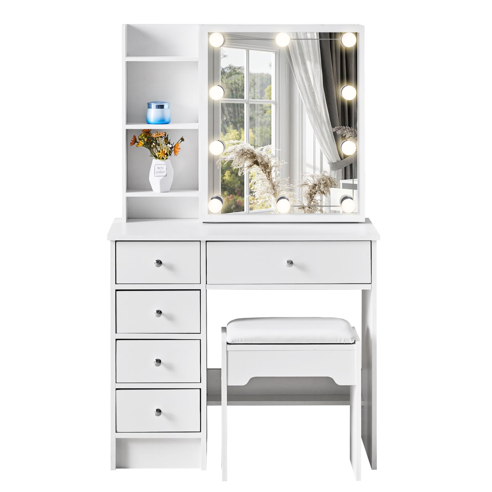 TUKAILAI - Tocador con Espejo y Bombillas, Tocador con Luces LED Hollywood, Espejo, 5 cajones Grandes y Taburete, Mesa de Maquillaje para Dormitorio Blanco