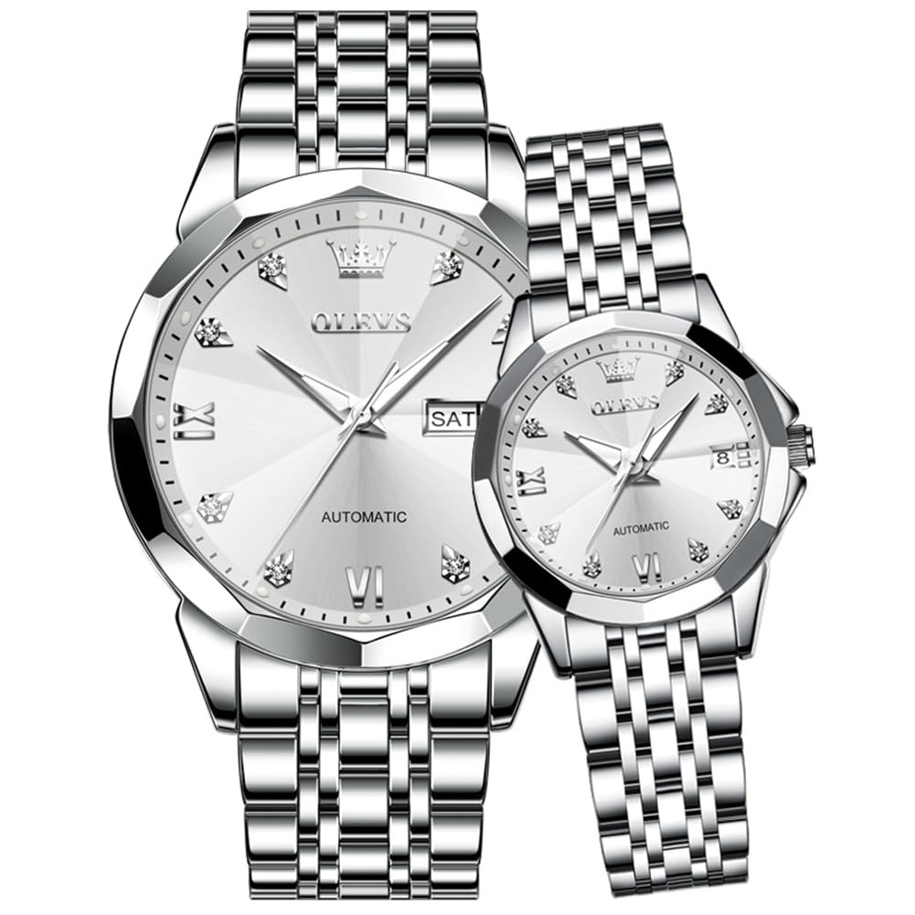 OLEVS Herren-Armbanduhr, Skelett, automatisch, luxuriös, großes Zifferblatt, mehrere Kalender, Edelstahl, wasserdicht, leuchtende Armbanduhr für Herren
