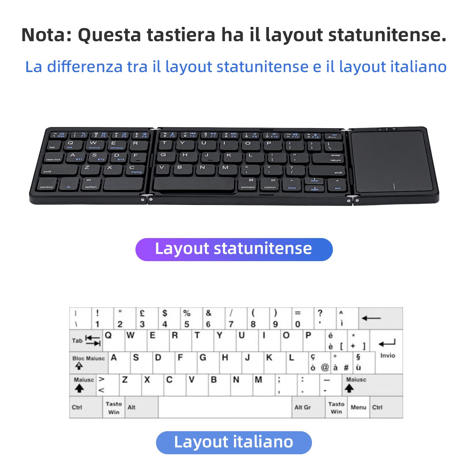 Mcbazel Tastiera senza fili pieghevole con touchpad per tablet/cellulare/PC, tastiera portatile senza fili ricaricabile supporta più dispositivi/iOS/Android/MacOS/Windows, Layout US – nero