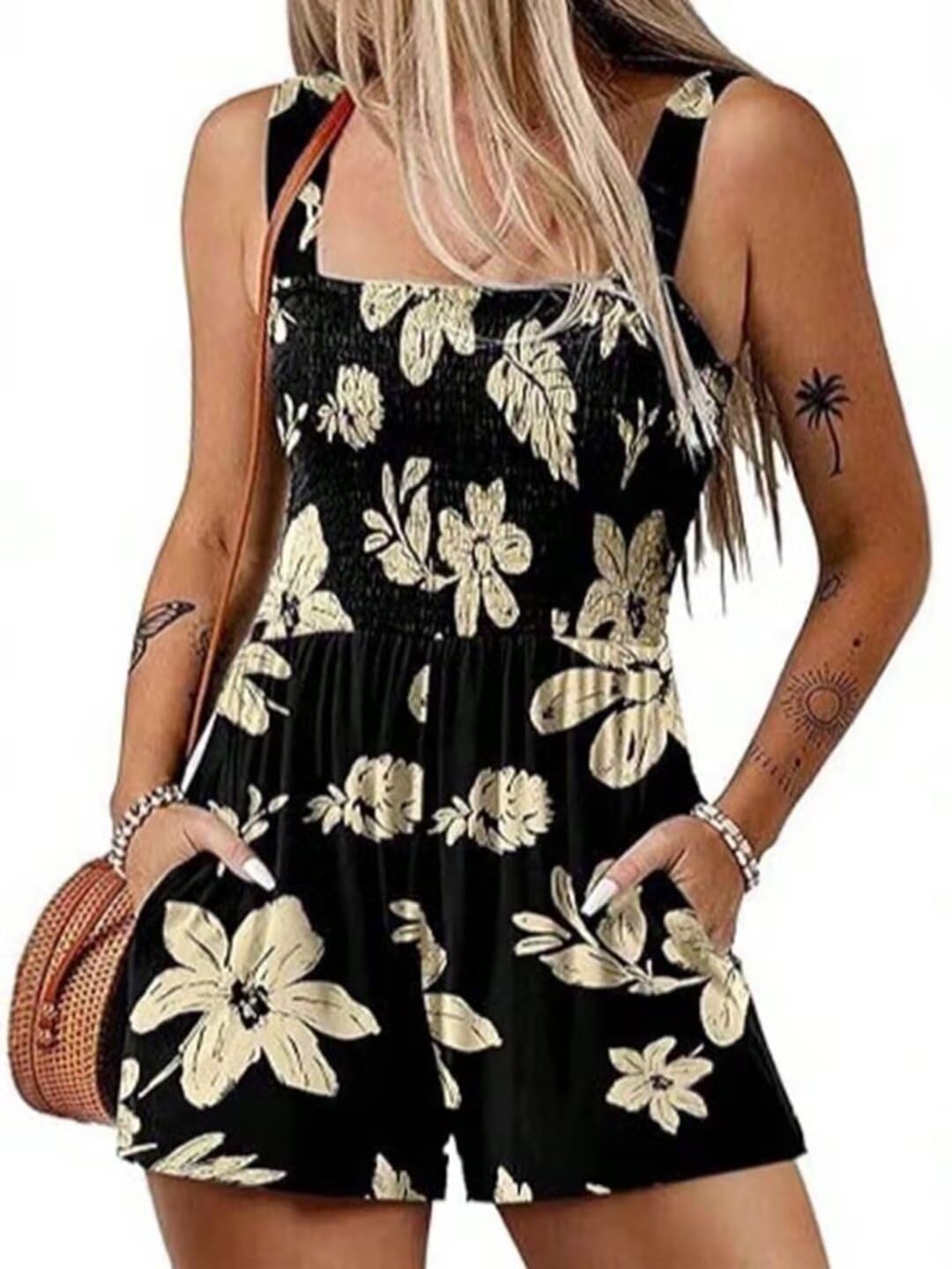 Macacão feminino elegante com estampa floral de férias e bolso elegante