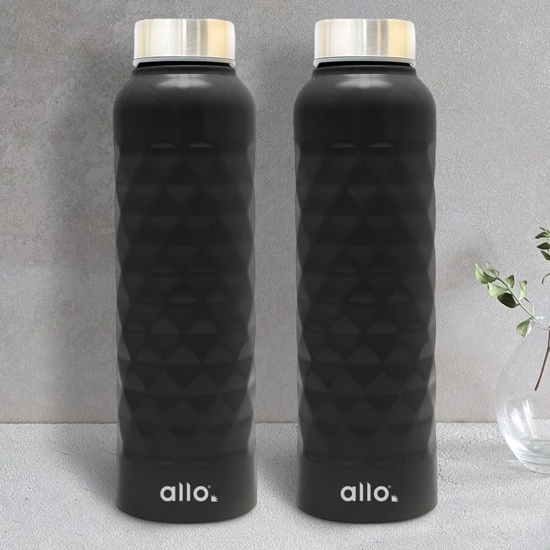 Image of Allo Stainless Steel Water Bottle For Adults, Kids 1 Litre Water Bottles For School, Office, Sports, Gym 1L Water Bottle For Men And Women, Pack Of 2 | Leak Proof & Bpa Free, Black Diamond Steel Cap