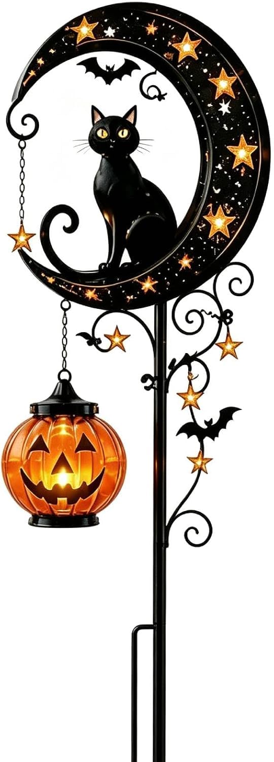 HshDUti Solar Halloween Black Cat & Pumpkin Moon Garden Stake Light, Solar Garden Decoration, Outdoor Waterproof Metal Pumpkin Stake with Black Cat, Lights for Patio, Yard, Lawn, Pathway A
