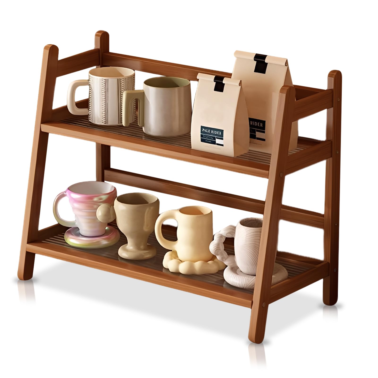 ZYQUES 2-Tier Coffee Station Organizer, Bamboo Kitchen Counter Shelf Condiment Storage Rack Wooden Coffee Stand Organizer for Tea Matcha Mug Holder Kitchen Accessories