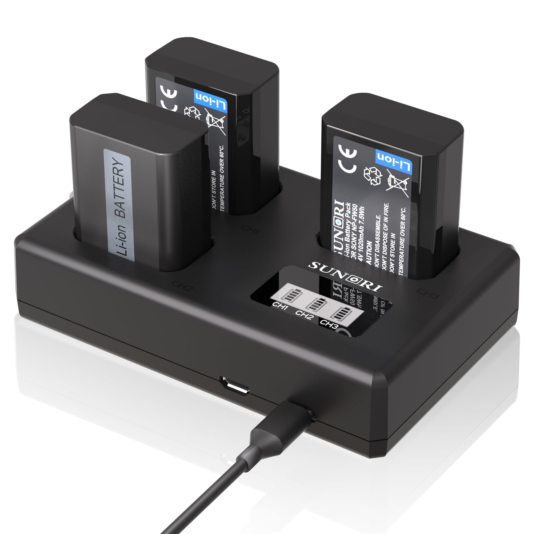 3 Pack NP-FW50 Battery for Sony Cameras Battery and 3-Slot LCD Fast Charger | Compatible with Sony A6000,A6300,A6400,A6500,A5100,A5000,A7S II,A7S,A7R II,A7R,A7 II,A7,RX10 II III IV Series Cameras
