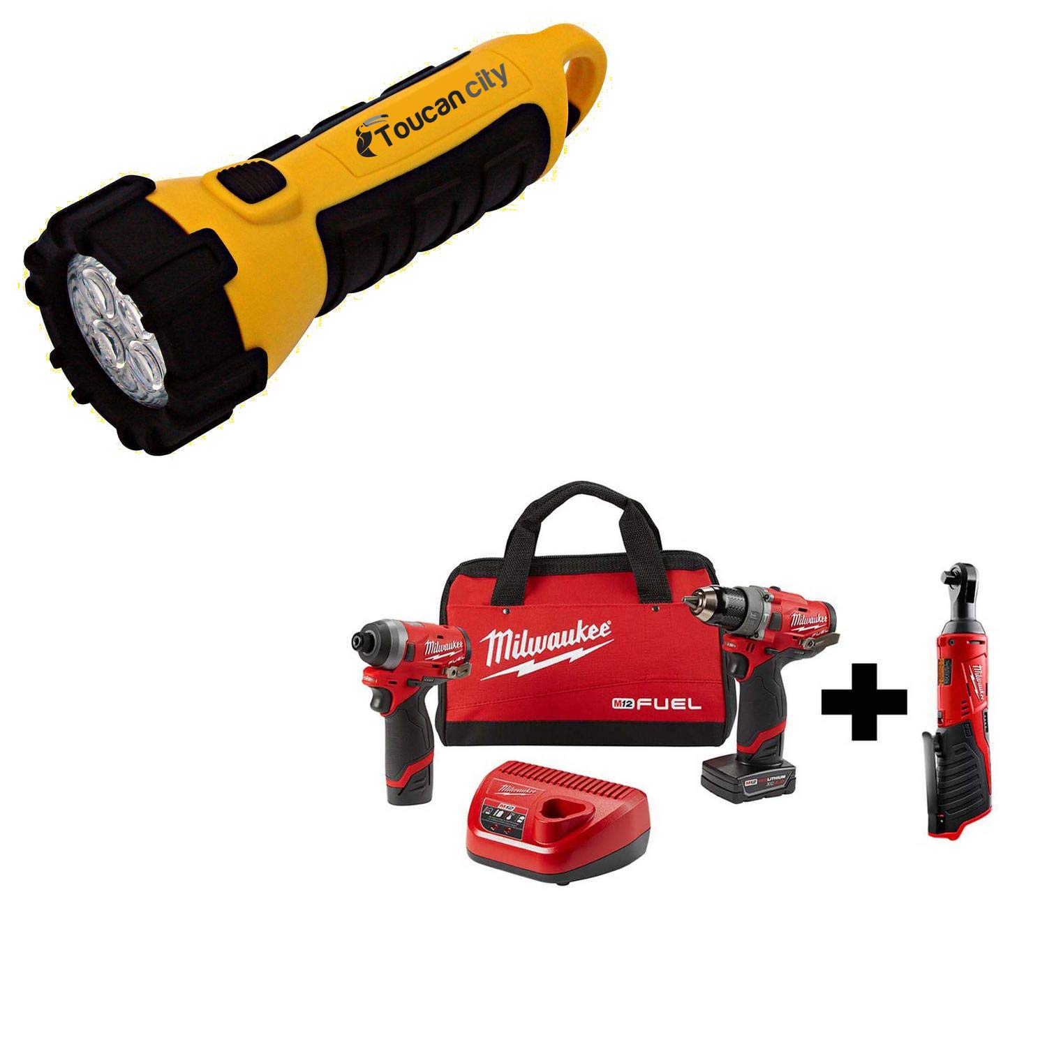 Toucan City LED Flashlight and Milwaukee M12 FUEL 12-Volt Li-Ion Brushless Cordless Hammer Drill and Impact Driver Combo Kit (2-Tool) w/Free M12 3/8 in. Ratchet 2598-22-2457-20