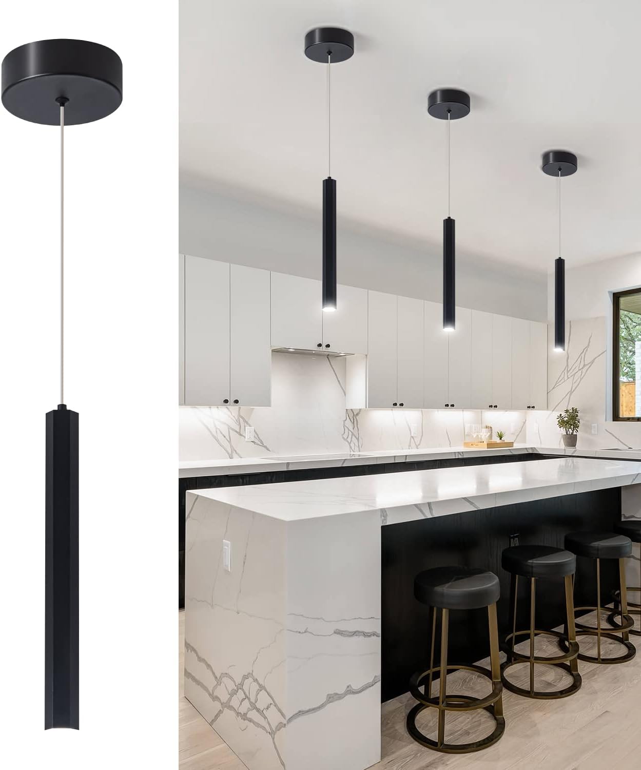 3 Color Changeable Pendant Light,18W Kitchen Island Pendant Lights, 3 Pack Modern Black Mini LED Lighting Fixtures with Clear Bubble Shades for Bathroom Dining Room Living Room