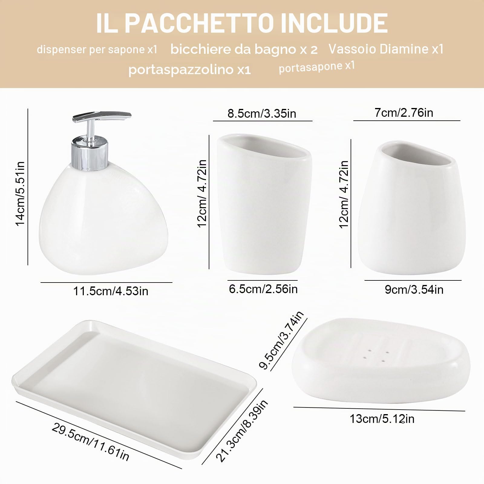 Set Bagno Accessori Completo in Ceramica, 6 Pezzi Set Accessori Bagno Moderno Include Dispenser di Sapone, Portaspazzolino, Coppetta per Collutorio, Scatola per Sapone e Vassoio, Bianco