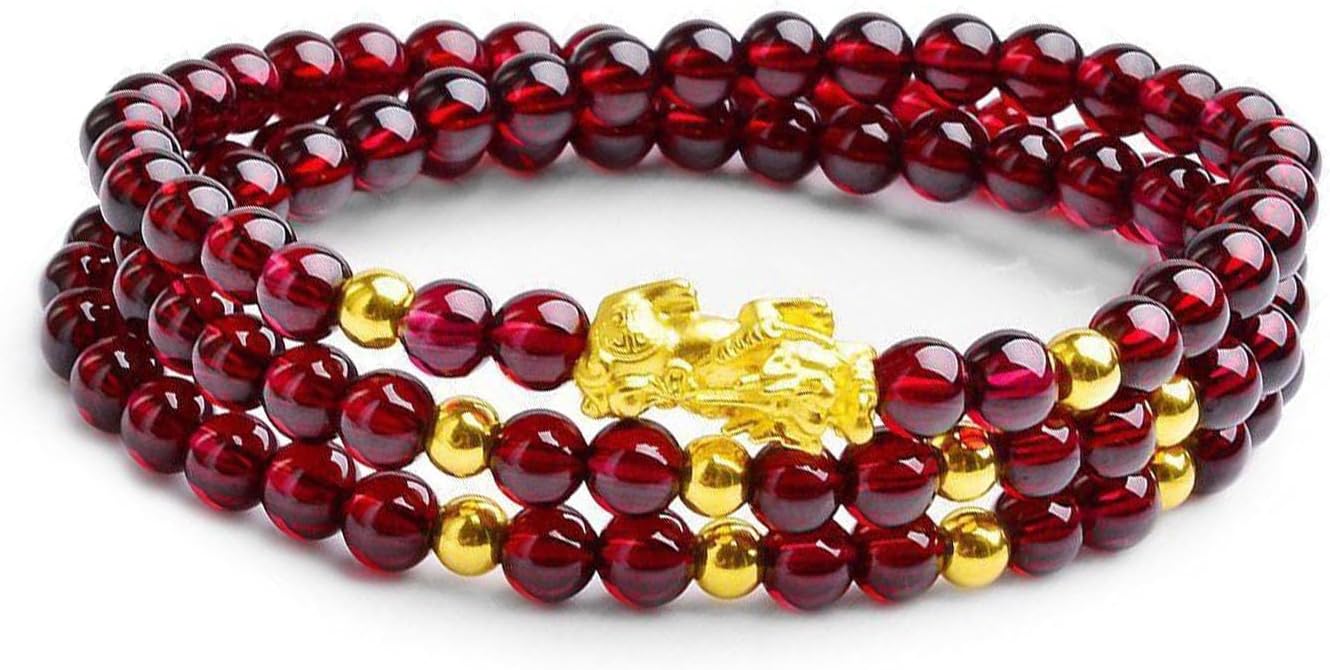 Pixiu Garnet Beaded Bracelet Feng Shui Pixiu Wealth Bracelet Stackable Pi Xiu Red Bead Crystal Bracelets Stretch for Women Men Lucky Jewelry