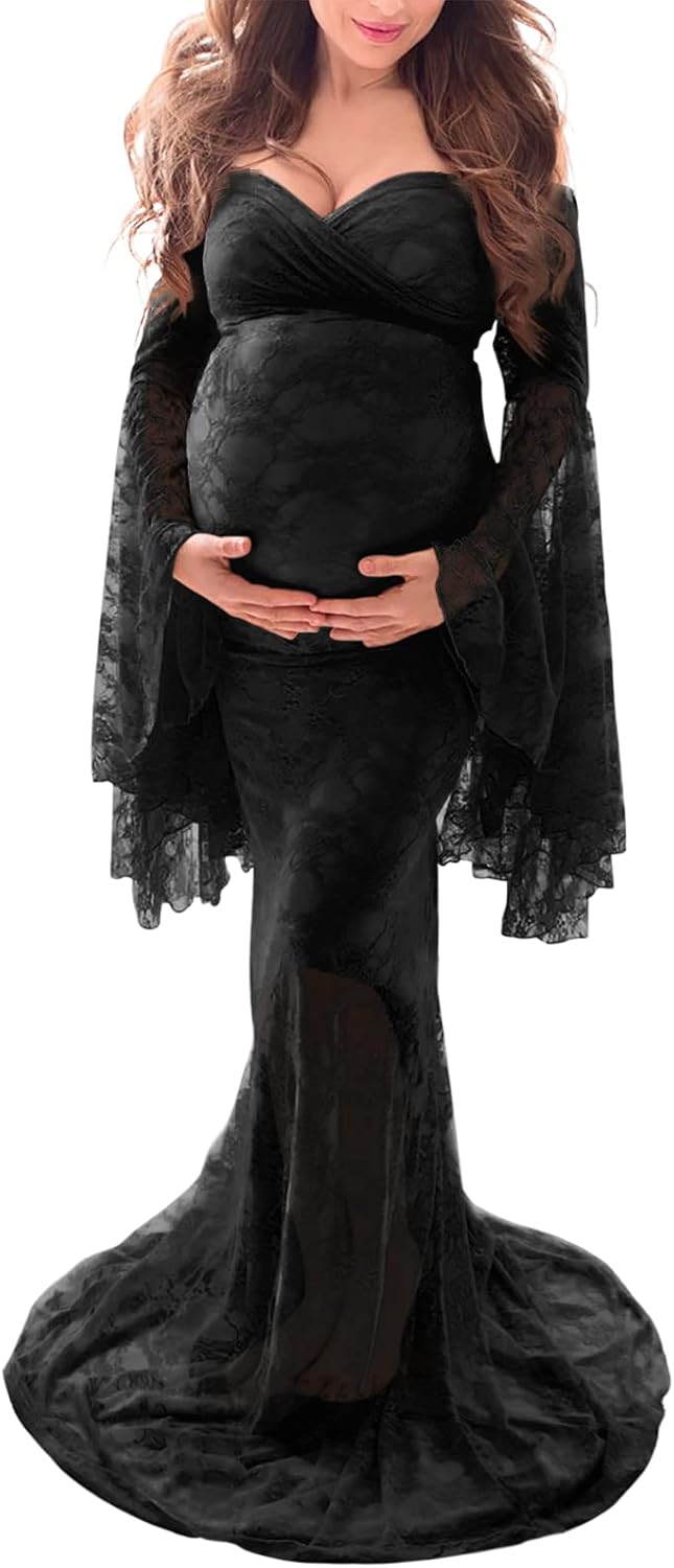 Saslax Off Shoulder Lace Maternity Dress for Photography Maxi Maternity Props Dresses for Photo Shoot Baby Shower
