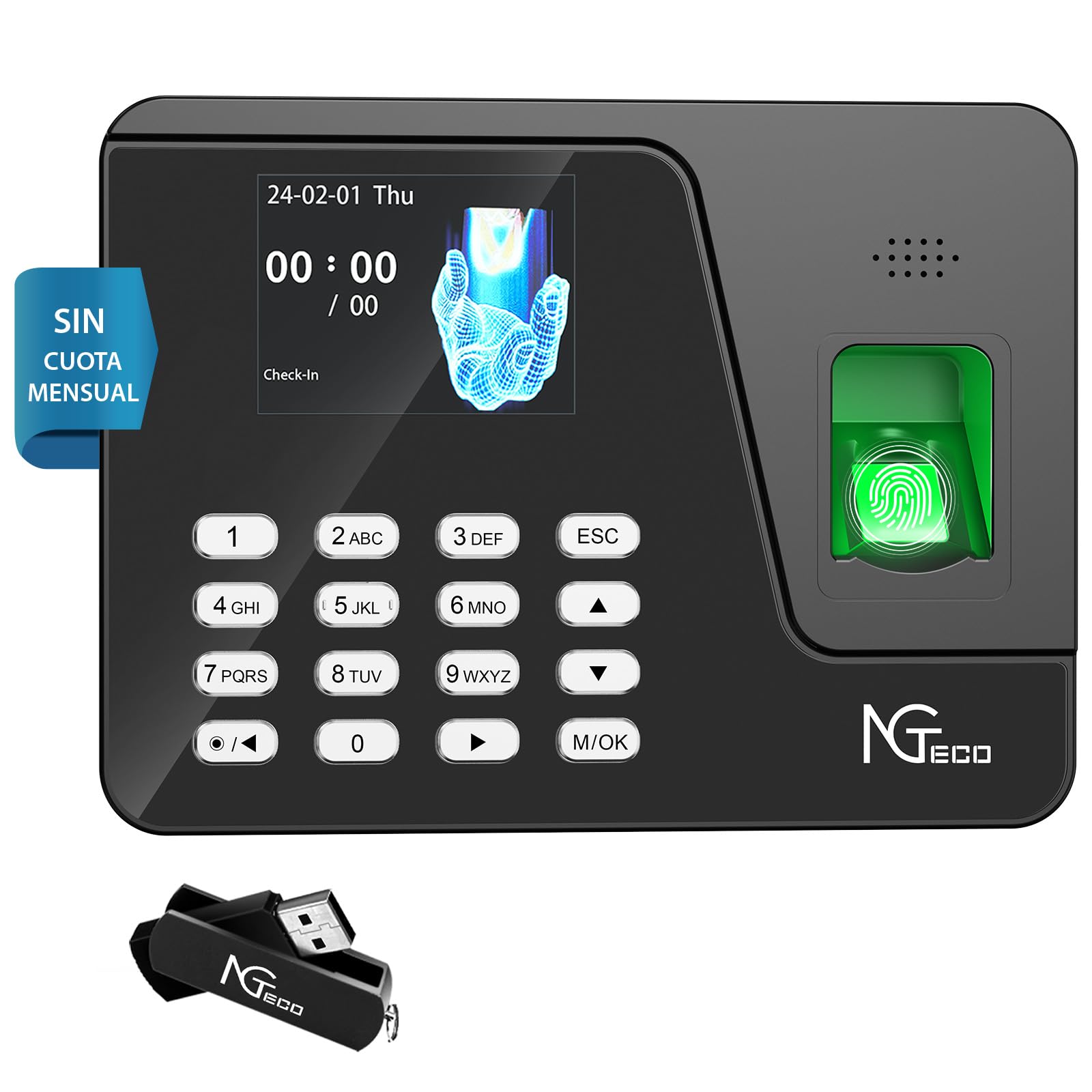 NGTeco Control Horario Empleados con Instalación Sencilla para Pequeñas Empresas en España, Funciona sin Internet, Cálculo Automático y Reloj Fichar con Huella AS10 (Sin Cuota Mensual)