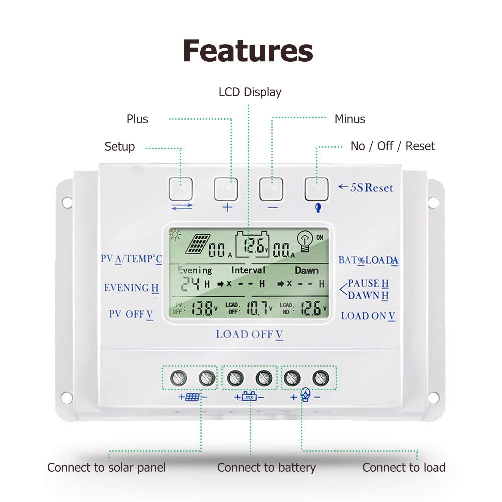 SolaMr 10A Régulateur de Charge Solaire 12V/24V Tension D'identification Automatique Régulateur D'intelligence de Panneau Solaire avec Écran LCD - T10